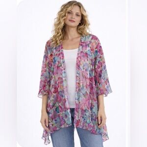 $245 Caroline Rose Floral Multi-Color Chiffon Burnout Cardigan Open Front NWT